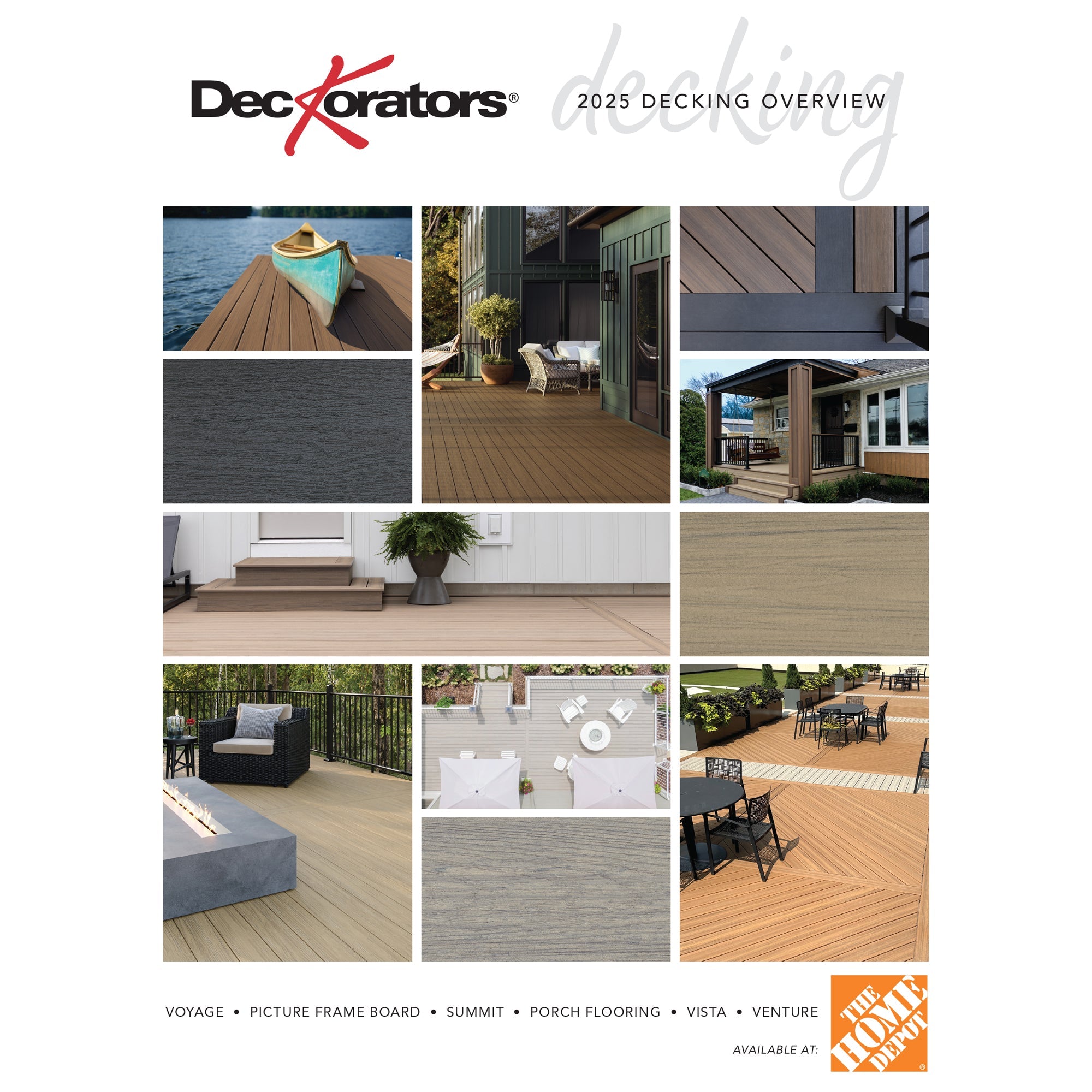 Decorators Decking Overview with various decking images and Home Depot branding