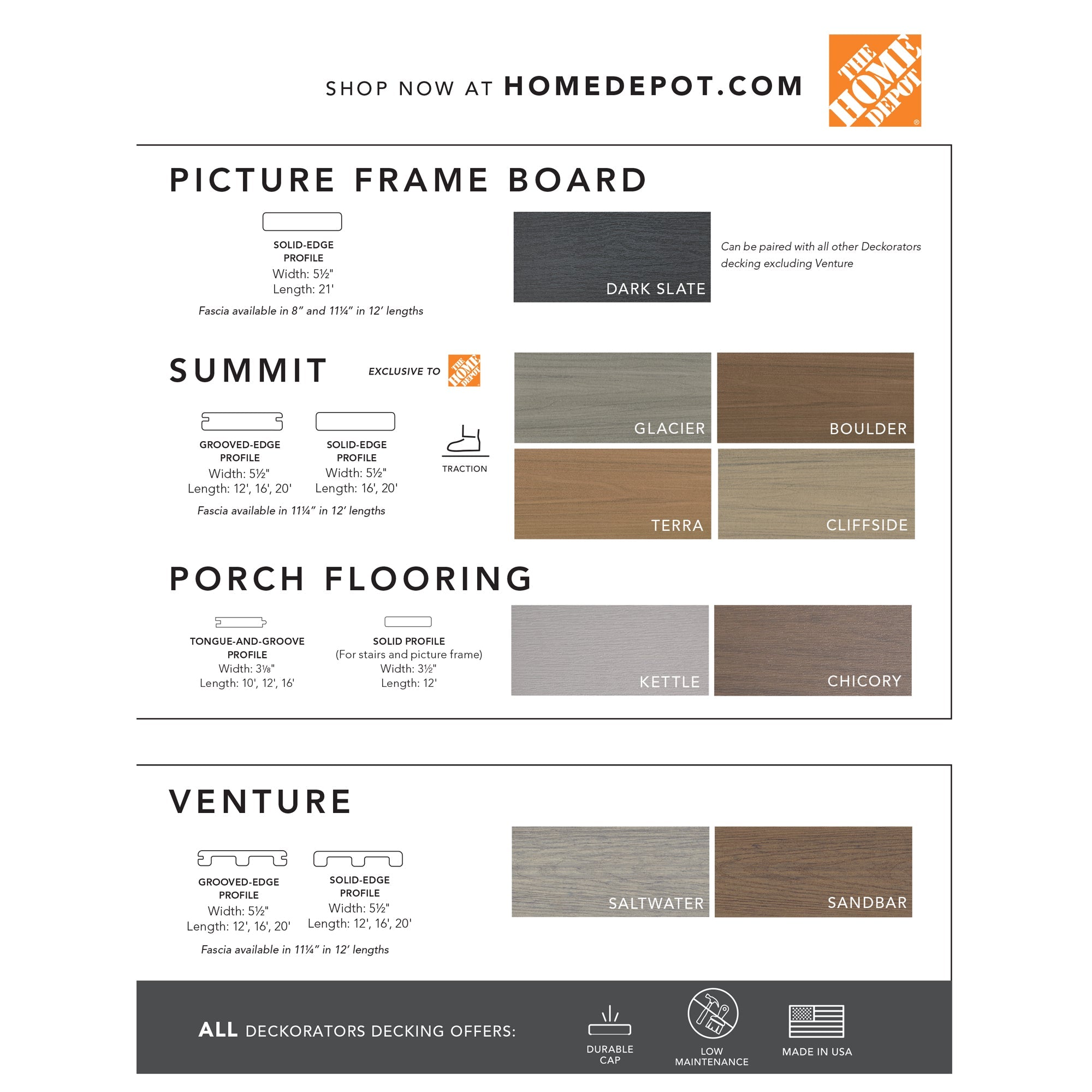 Color swatches for Deckorators composite decking products sold at The Home Depot