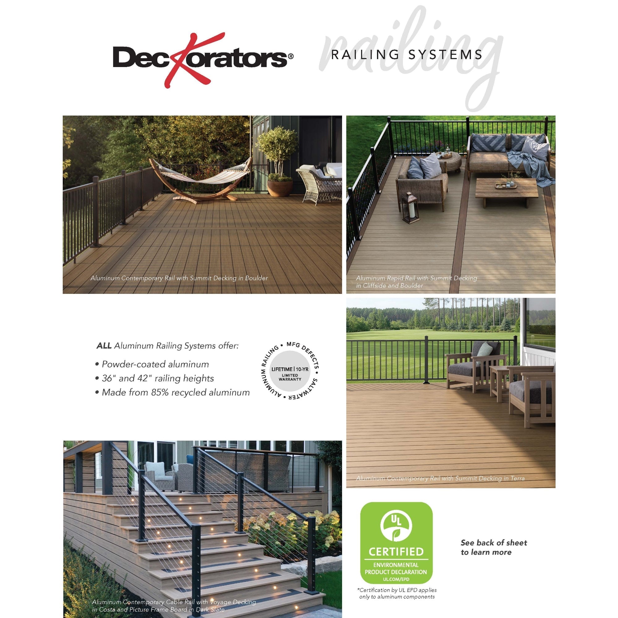 Deckorators railing systems showing various deck and staircase scenarios