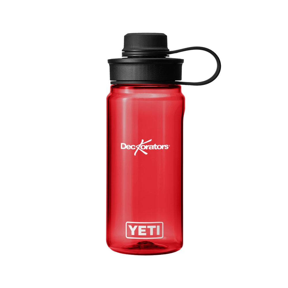 Red water bottle with black lid and YETI logo on a white background