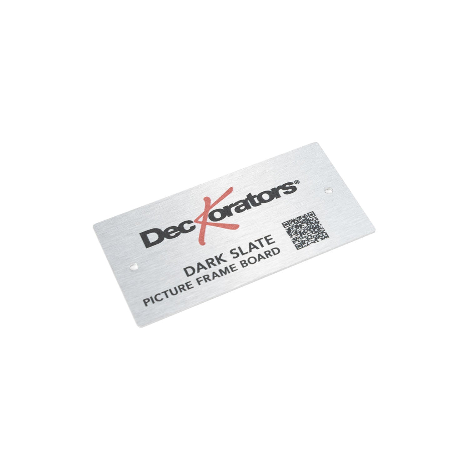 Aluminum metal plate with Deckorators logo and Dark Slate Picture Frame Board stamped on it