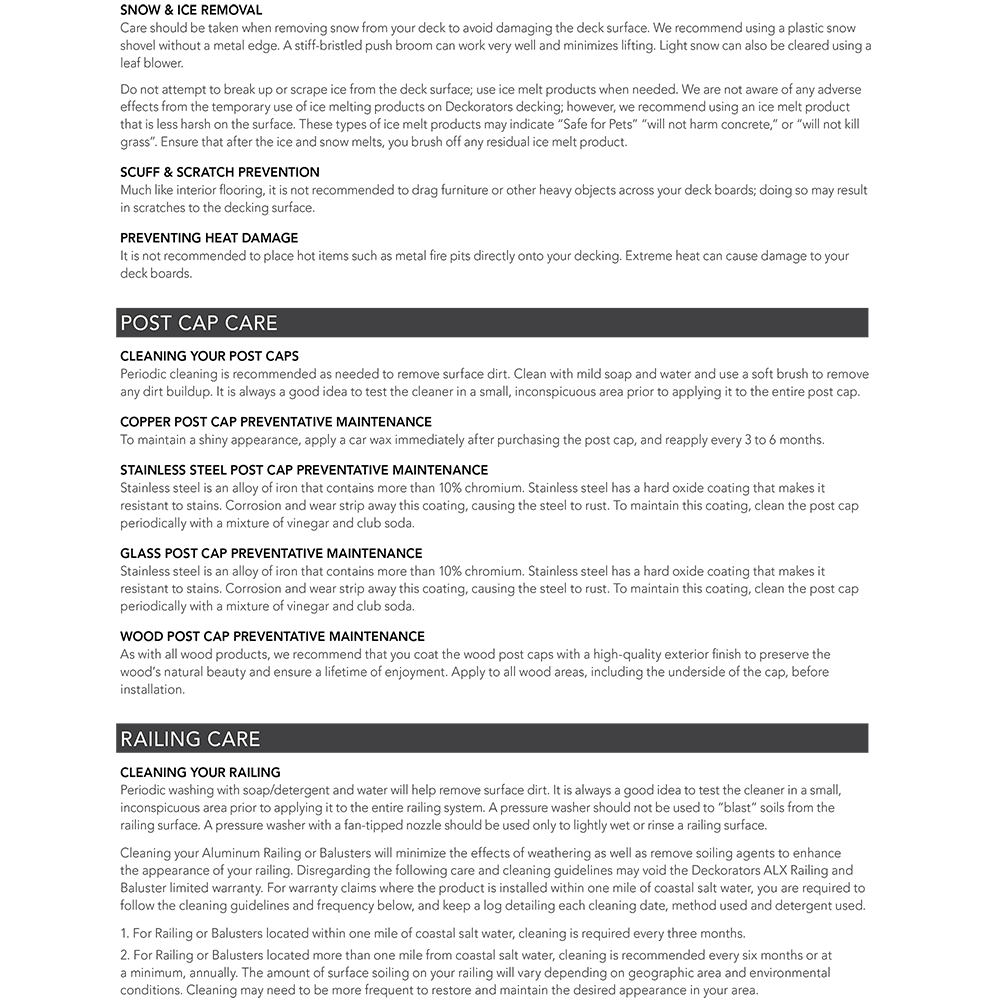 Deckorators Post Cap and Railing care and maintenance instructions