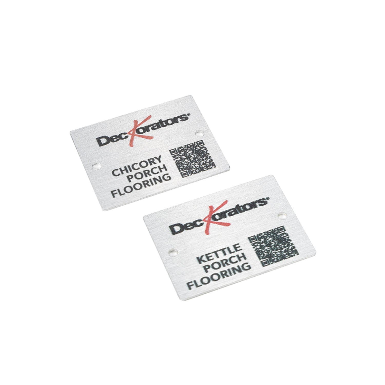 Aluminum metal plates with Deckorators logo and Chicory and Kettle Porch Flooring stamped on it