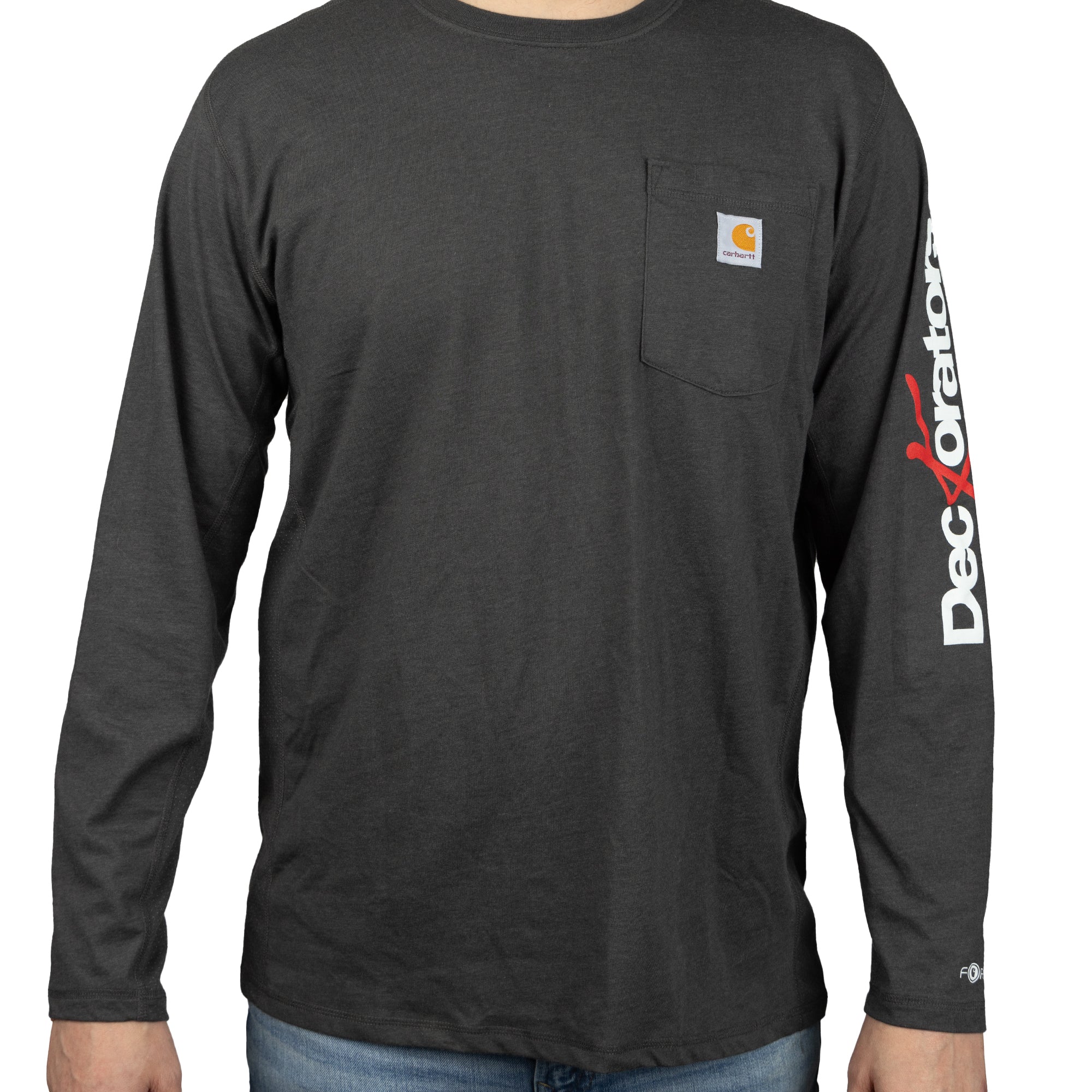 Men's Carhartt The Force Long Sleeve Shirt in black with the Deckorators logo on sleeve