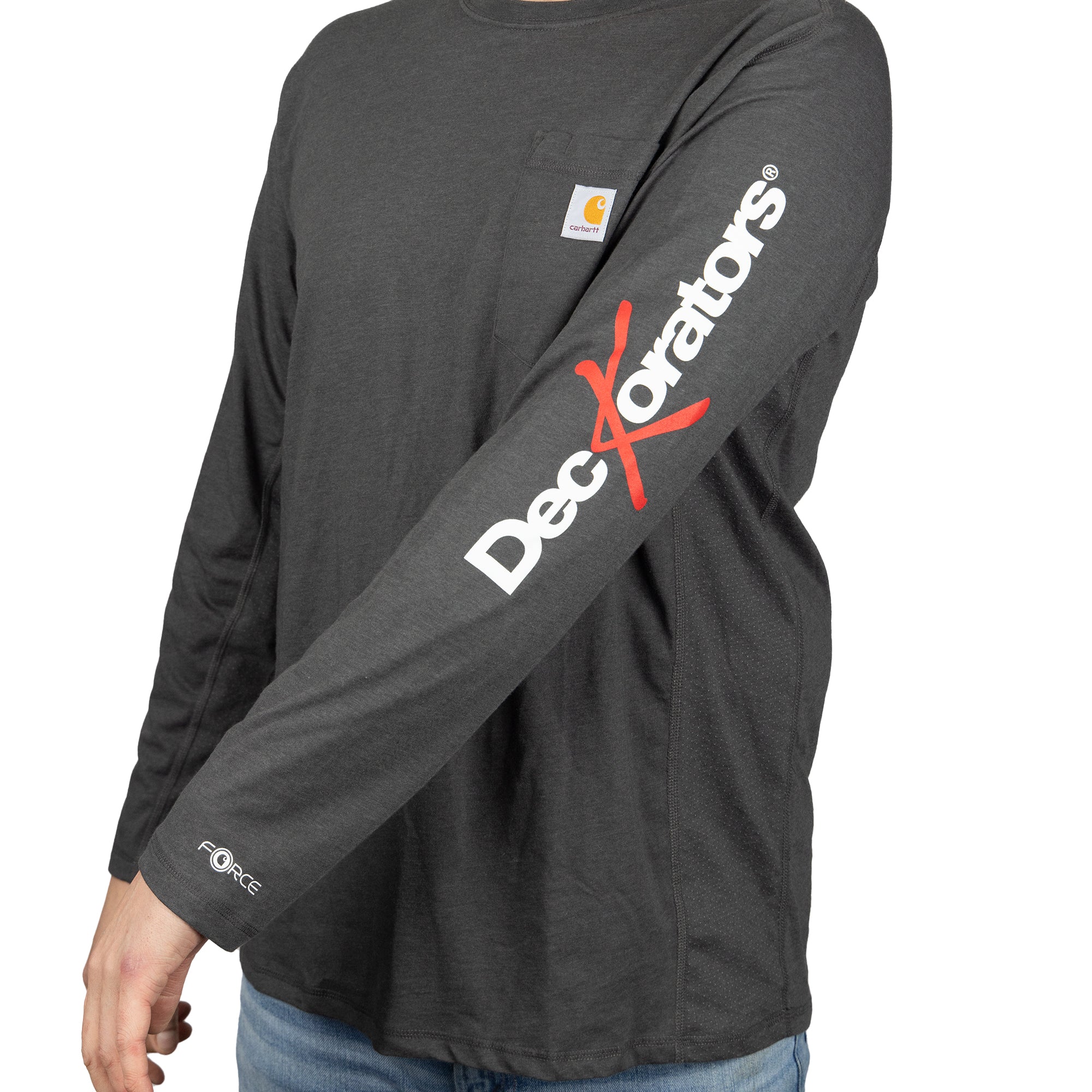 Men's Carhartt The Force Long Sleeve Shirt sleeve with the Deckorators logo