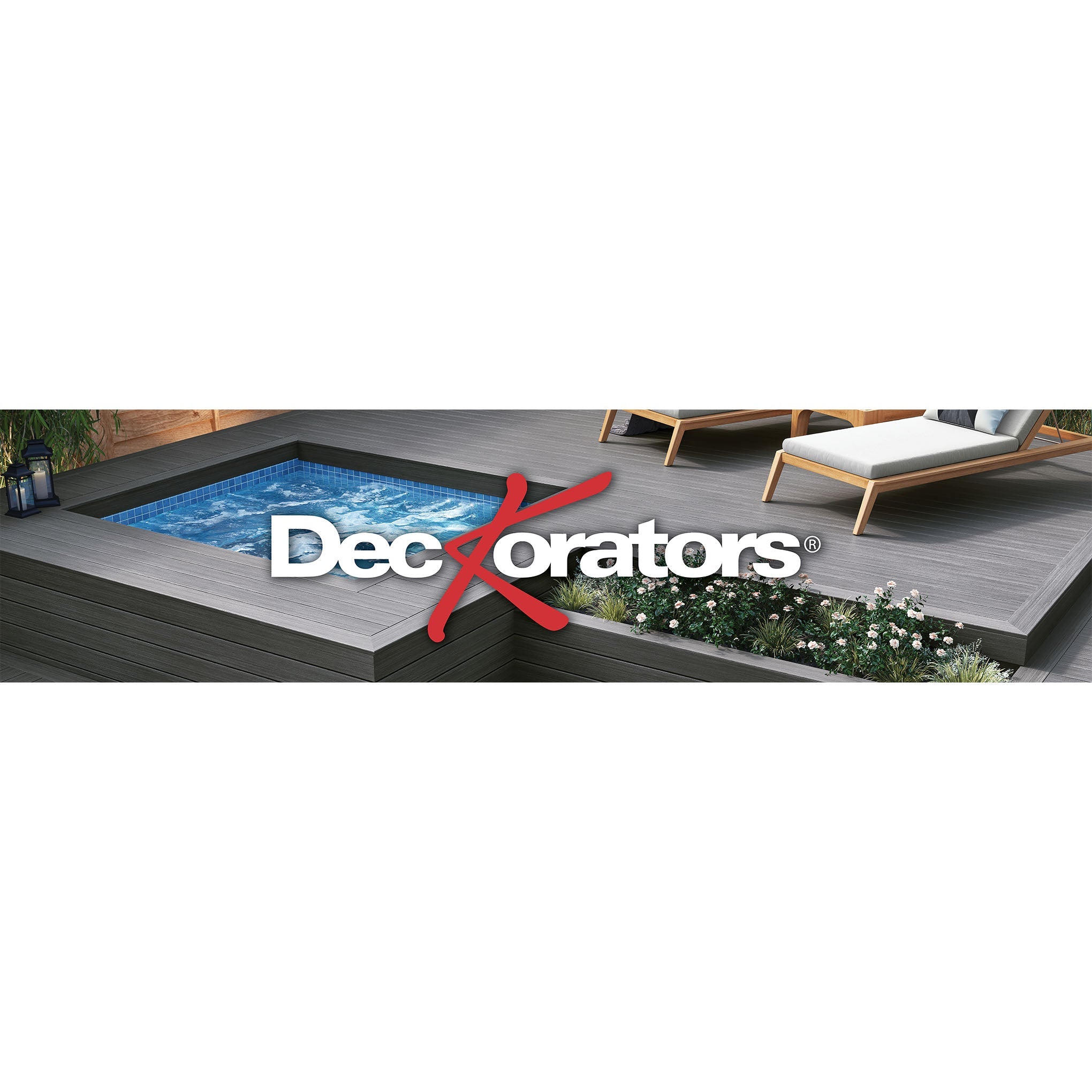 Outdoor setting with a pool and lounge chairs, featuring the Decxorators logo.