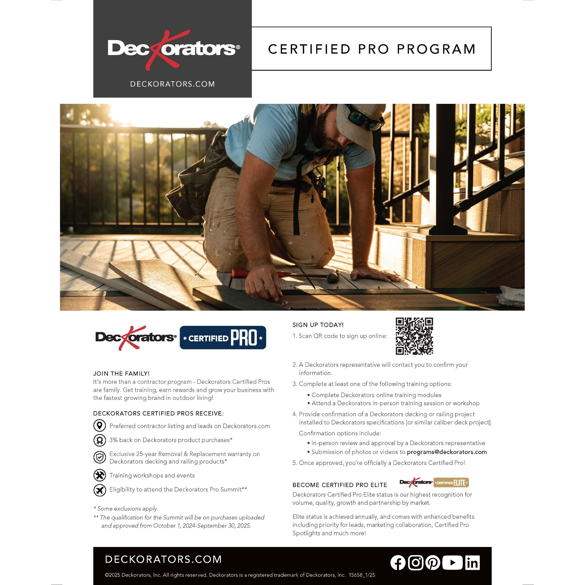 Deckorators Certified Pro Program Guide featuring a person working on a deck