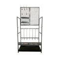 Black metal cable rail display stand with decorative elements on a white background