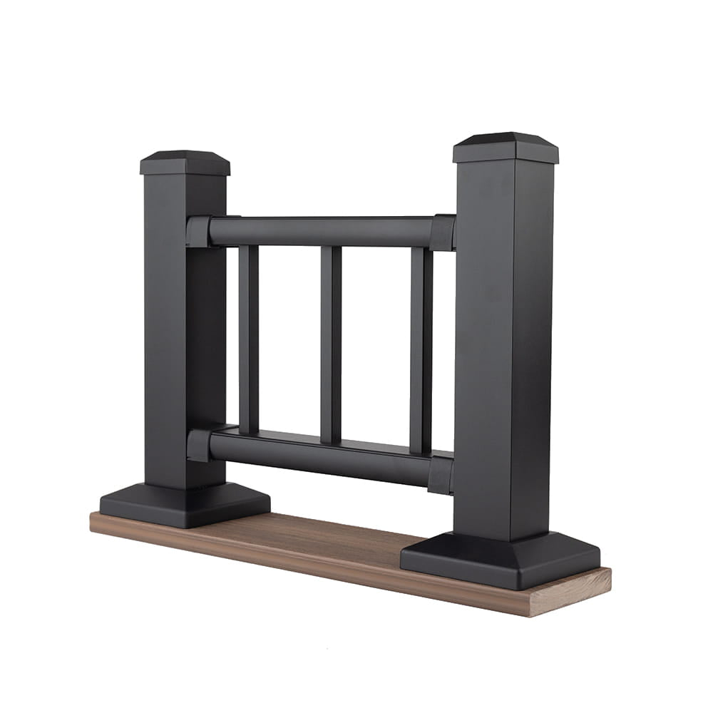 Black metal bike rack with wooden base on a white background