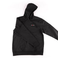 Black sweatshirt hoodie with a small Deckorators logo embroidered on front left