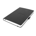 Black notebook with a brand logo on a white background