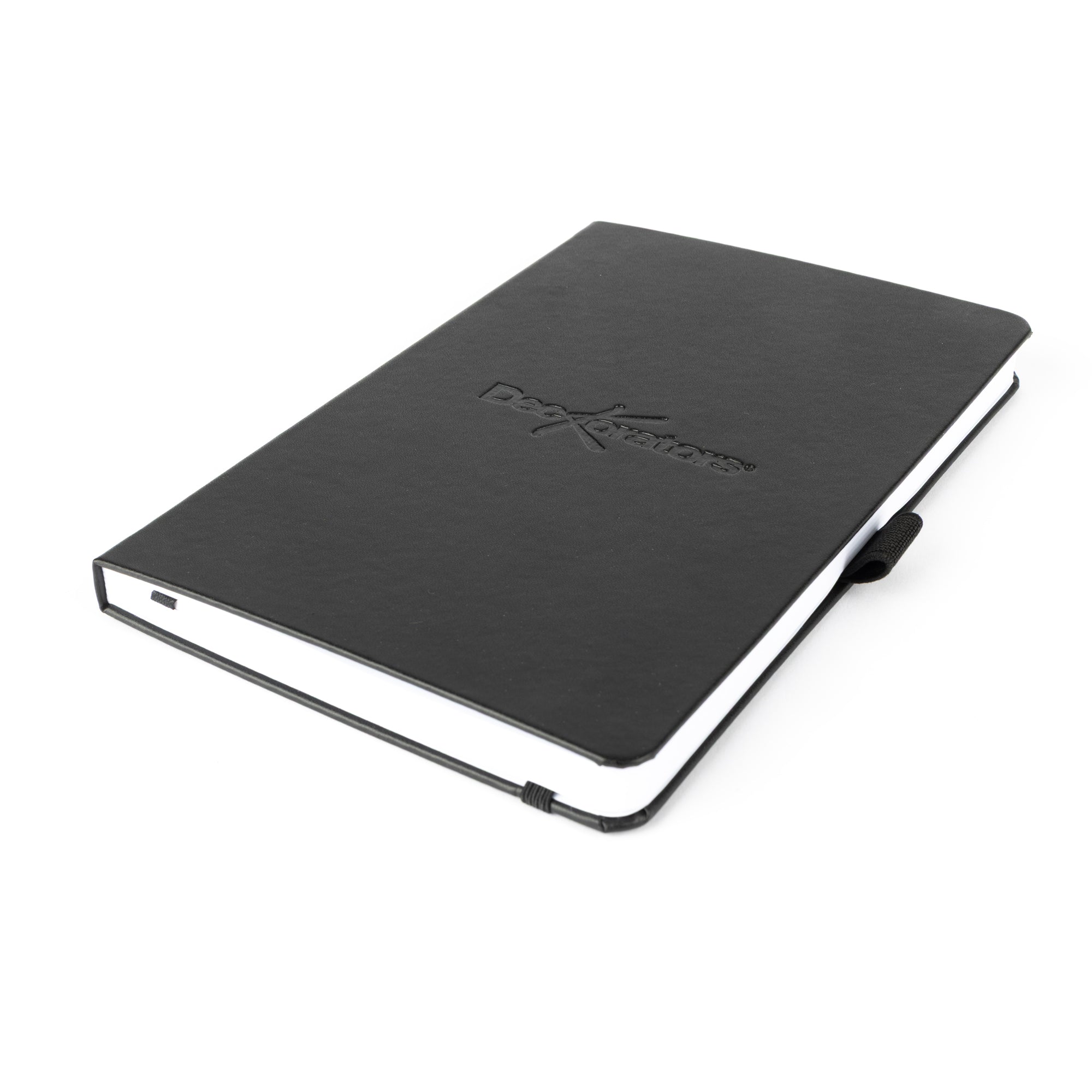 Black notebook with a brand logo on a white background