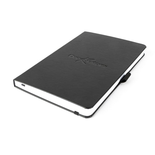 Black notebook with a brand logo on a white background