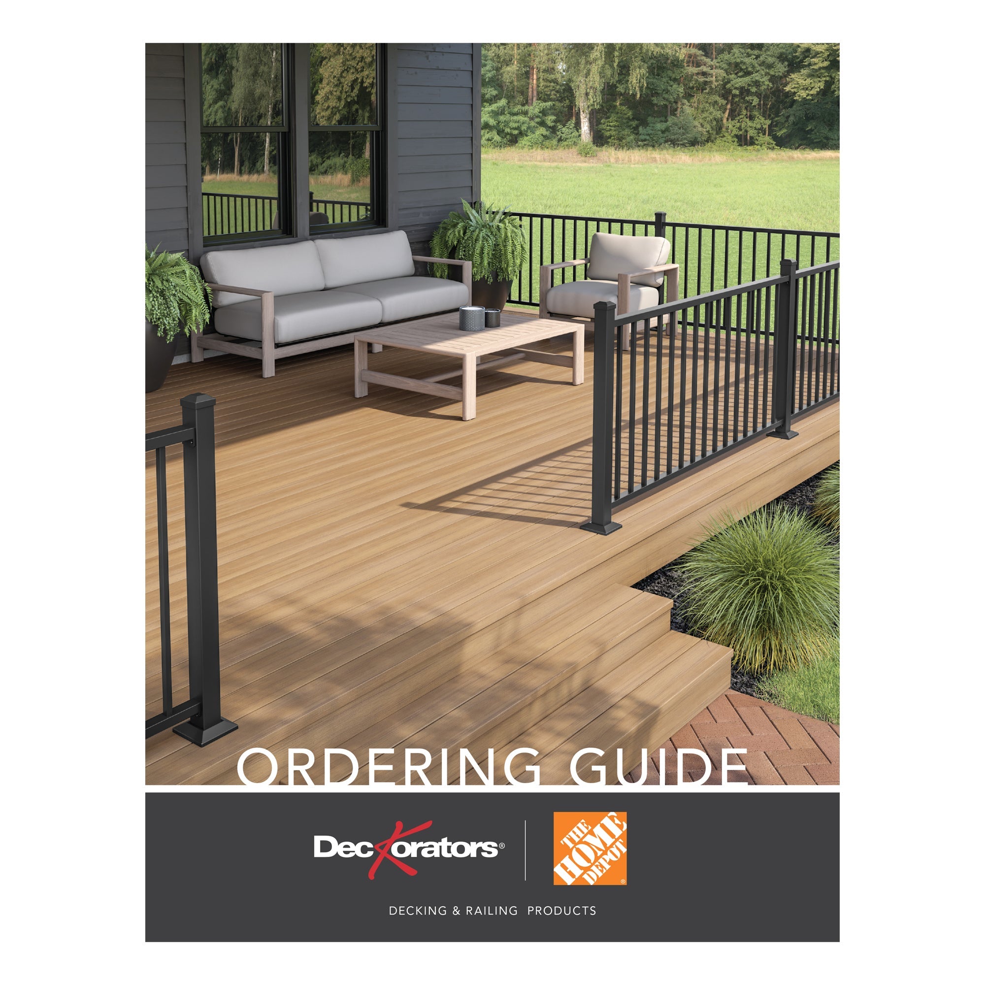 Home Depot ordering guide for Deckorators decking and railing products with a deck and outdoor furniture.