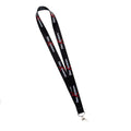 Black lanyard with red and white branding on a white background