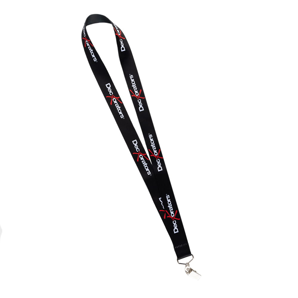 Black lanyard with red and white branding on a white background