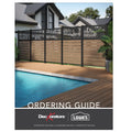 Poolside composite deck with wooden railing and 'Decorators' and 'Lowes' branding on an ordering guide cover.