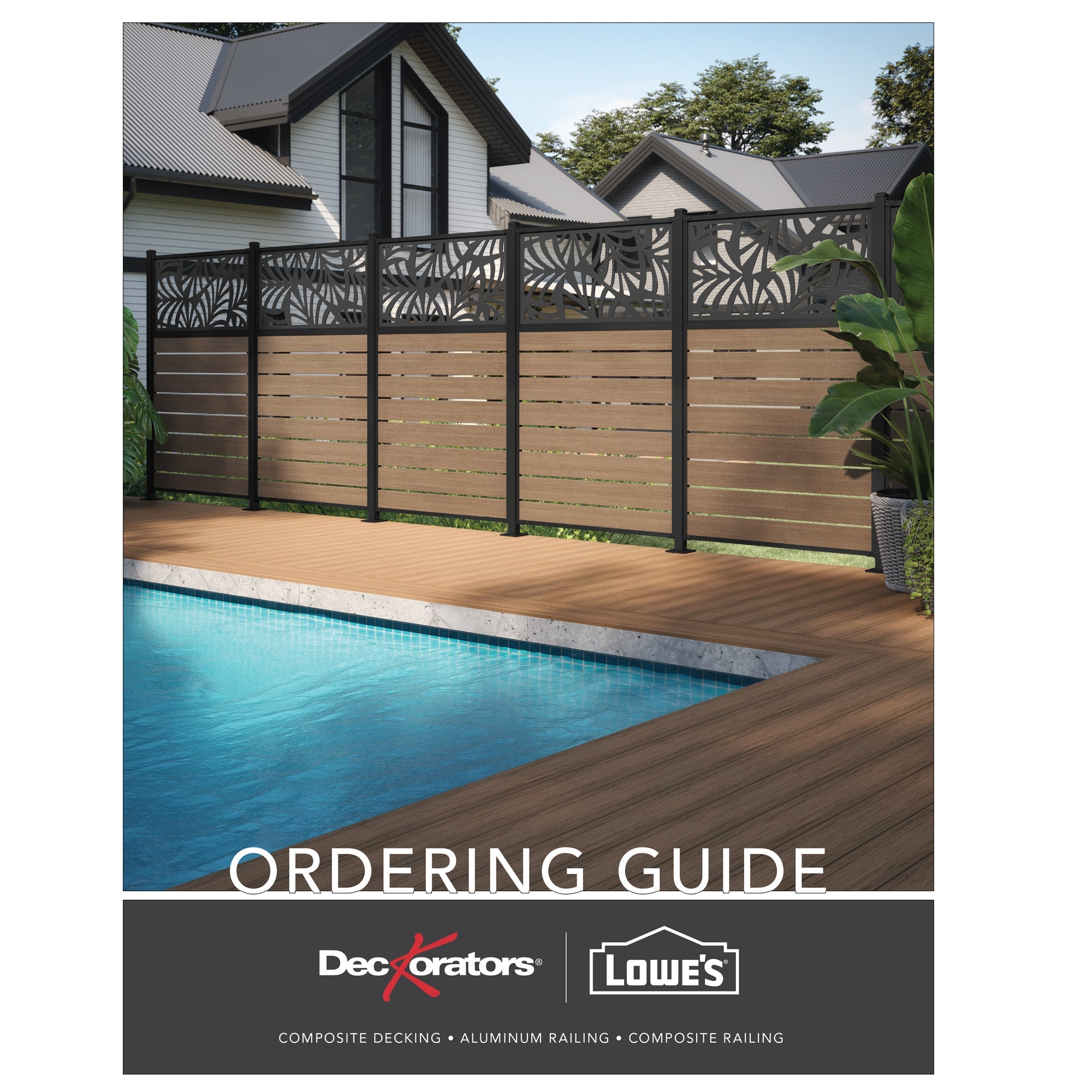 Poolside composite deck with wooden railing and 'Decorators' and 'Lowes' branding on an ordering guide cover.
