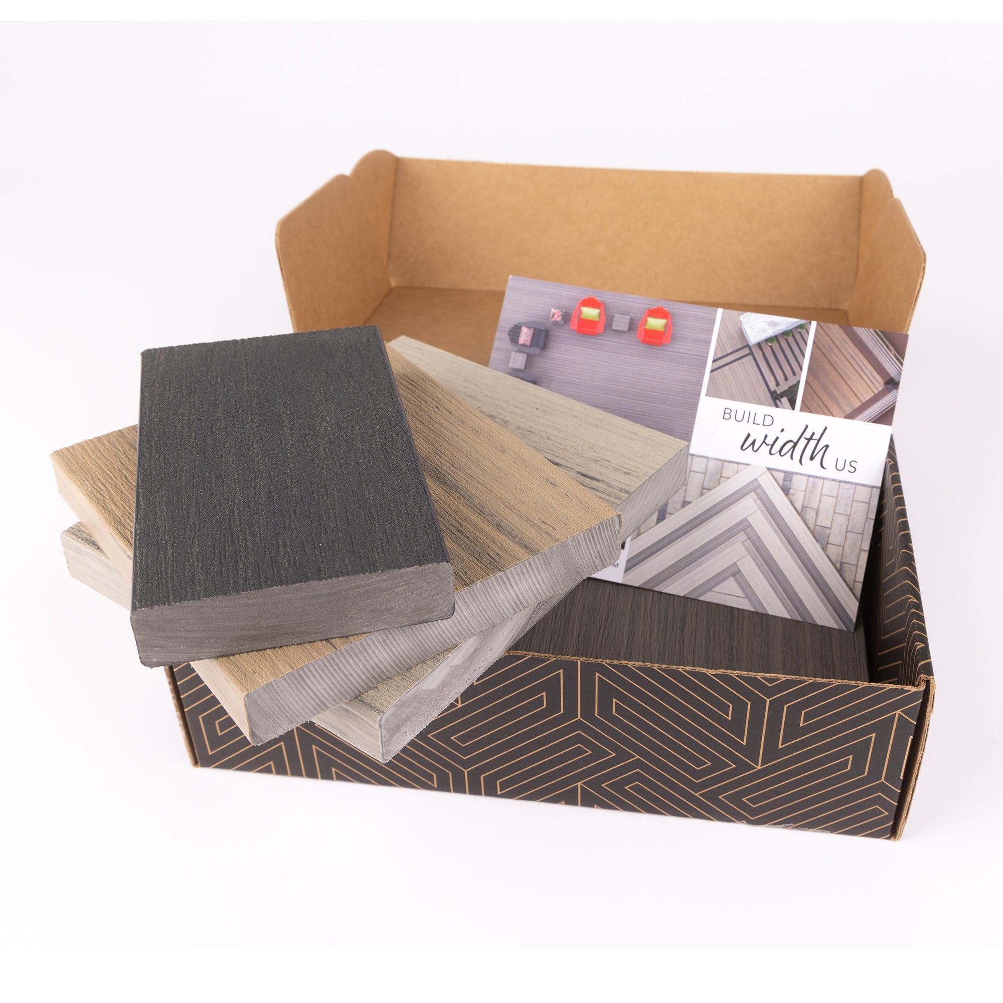 Box containing samples of wood-like materials and a brochure on a white background
