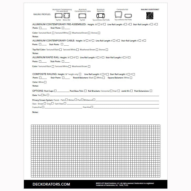 Form for railing design with various options and measurements on a white background