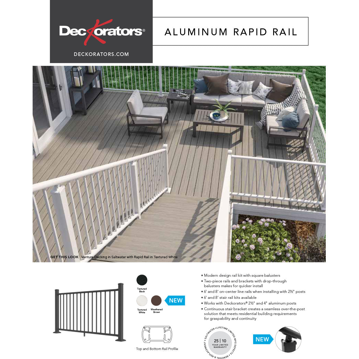 Outdoor deck with furniture and aluminum Rapid Rail system, featuring Deckorators composite decking