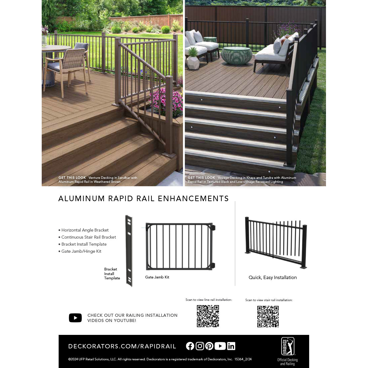 Deckorators Aluminum Rapid Rail enhancements on a deck with text and product images