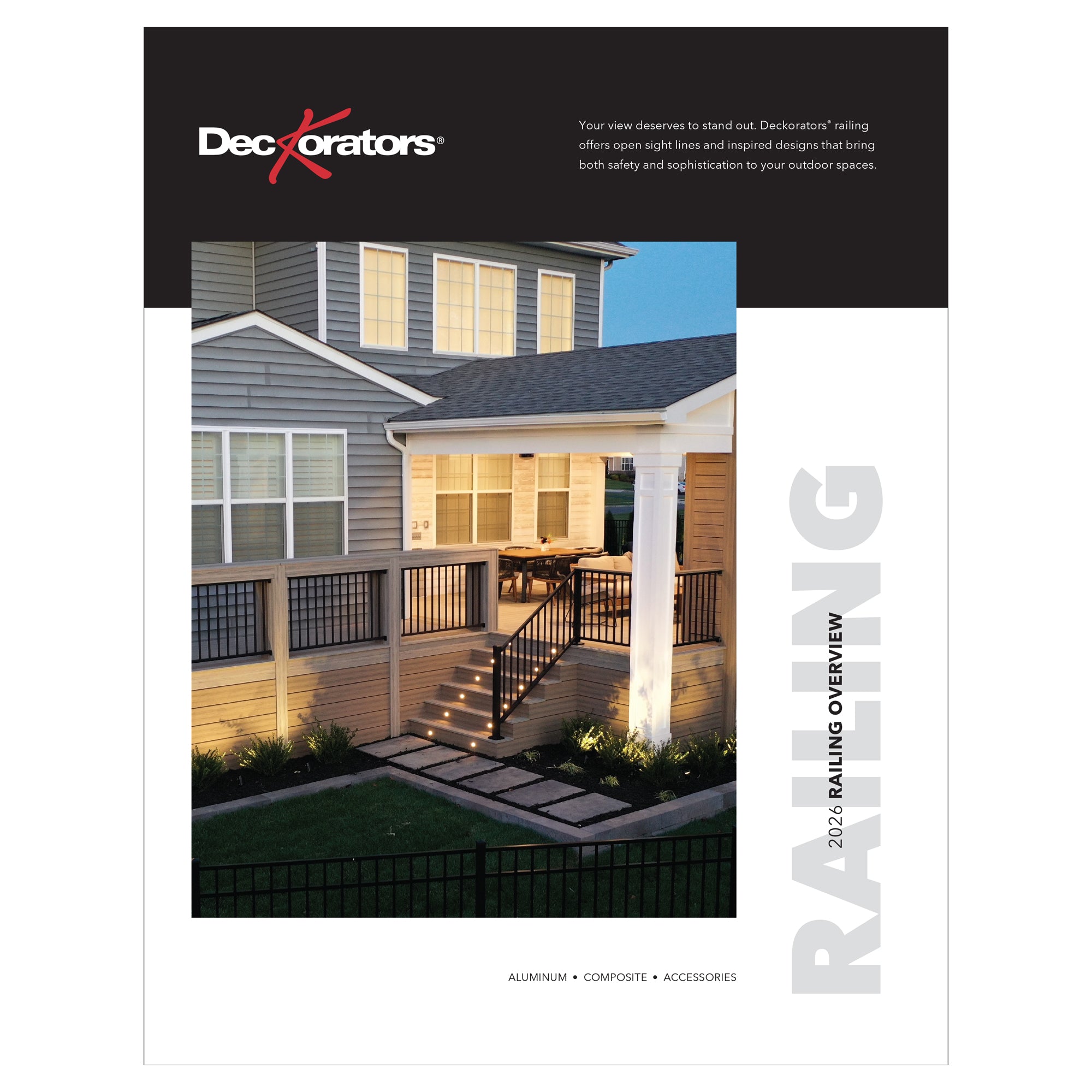 Cover of Deckorators Railing Overview Brochure with a house and deck on the cover