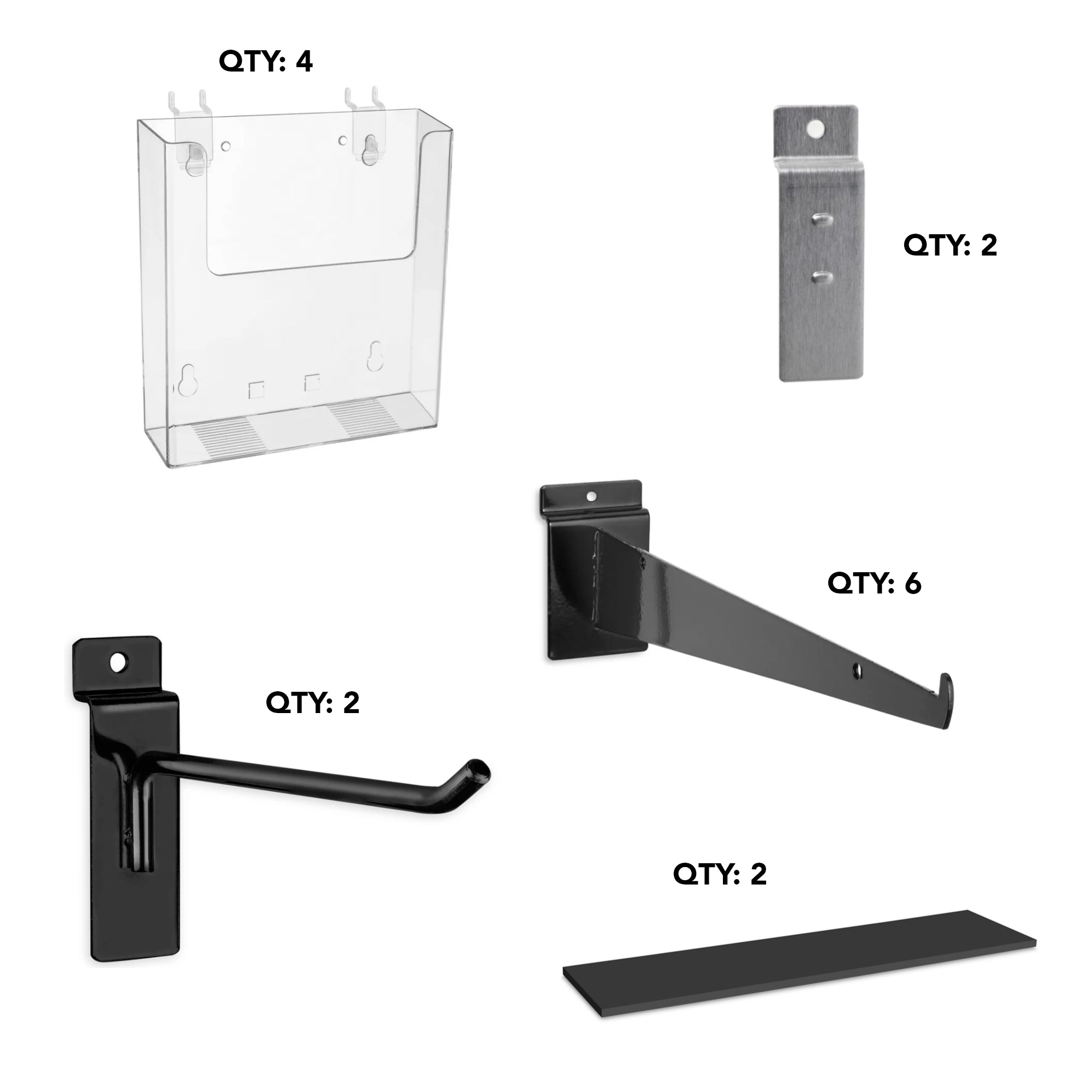 Set of black metal brackets and a clear plastic box on a white background