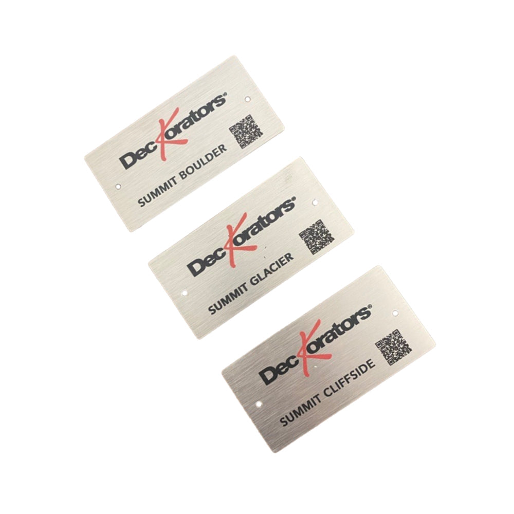 Aluminum metal plates with Deckorators logo and Summit Boulder, Glacier and Cliffside stamped on it