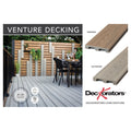 Advertisement for Deckorators Venture decking with outdoor setting and product details.
